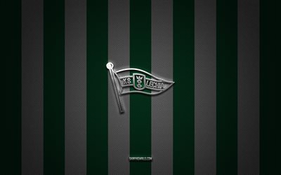 logotipo de lechia gdansk, club de fútbol polaco, ekstraklasa, fondo de carbono blanco verde, emblema de lechia gdansk, fútbol, lechia gdansk, polonia, logotipo de metal plateado de lechia gdansk