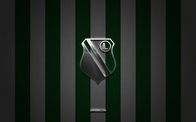 logo legia varsovie, club de football polonais, ekstraklasa, fond vert carbone rouge, emblème legia varsovie, football, legia varsovie, pologne, logo métal argenté legia varsovie