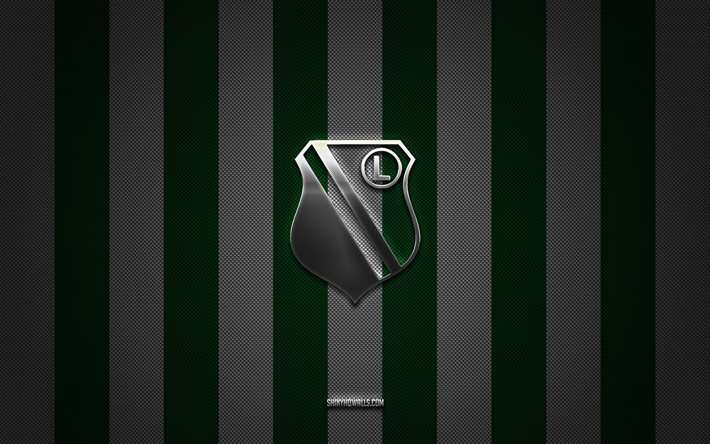 شعار legia warsaw, نادي كرة القدم البولندي, ekstraklasa, أخضر الكربون الأحمر الخلفية, كرة القدم, ليجيا وارسو, بولندا, شعار legia warsaw المعدني الفضي