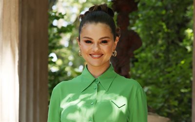 Selena Gomez, 2022, smile, american celebrity, music stars, portrait, Selena Marie Gomez, american singer, picture with Selena Gomez, green shirt, Selena Gomez photoshoot