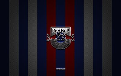 logotipo de ehc red bull munchen, equipo de hockey alemán, del, fondo de carbono blanco azul, emblema de ehc red bull munchen, hockey, logotipo de metal plateado de ehc red bull munchen, ehc red bull munchen