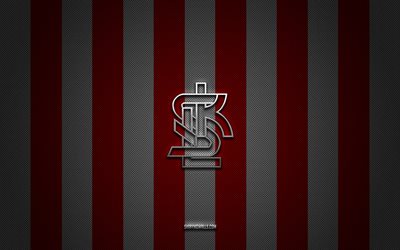 lks lodz logotipoclube de futebol polonêsekstraklasabranco vermelho de fundo de carbonolks lodz emblemafutebollks lodzpolônialks lodz prata logotipo do metal