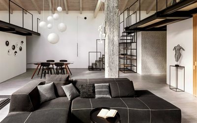 sala de estar, estilo loft, casa de campo, design de interiores elegante, design de interiores moderno, ideia de sala de estar estilo loft, sofá preto
