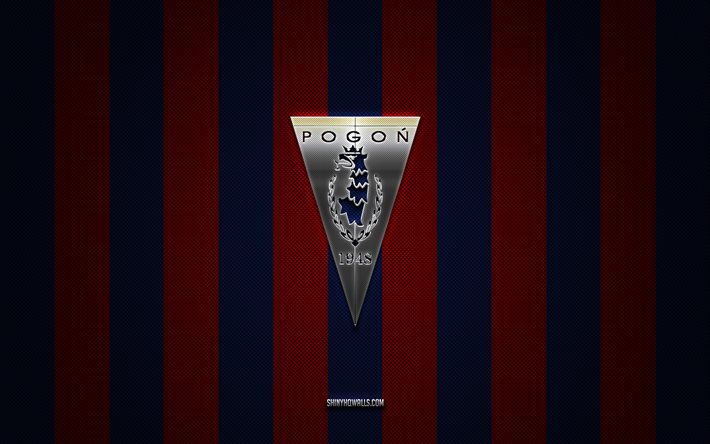 logo pogon szczecin, club de football polonais, ekstraklasa, fond bleu carbone rouge, emblème pogon szczecin, football, pogon szczecin, pologne, logo en métal argenté pogon szczecin
