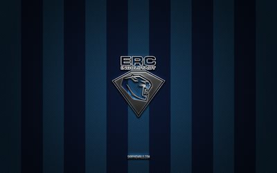 logotipo de erc ingolstadt, equipo de hockey alemán, del, fondo de carbono blanco azul, emblema de erc ingolstadt, hockey, logotipo de metal plateado de erc ingolstadt, erc ingolstadt