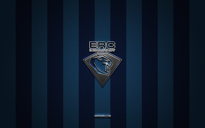 logotipo de erc ingolstadt, equipo de hockey alemán, del, fondo de carbono blanco azul, emblema de erc ingolstadt, hockey, logotipo de metal plateado de erc ingolstadt, erc ingolstadt
