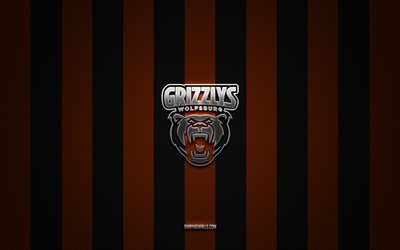 grizzly wolfsburg-logo, deutsche eishockeymannschaft, del, orange-schwarzer kohlenstoffhintergrund, grizzly wolfsburg-emblem, hockey, grizzly wolfsburg-silbermetalllogo, grizzly wolfsburg