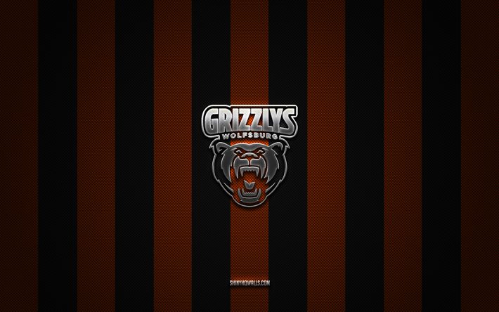 grizzly wolfsburg-logo, deutsche eishockeymannschaft, del, orange-schwarzer kohlenstoffhintergrund, grizzly wolfsburg-emblem, hockey, grizzly wolfsburg-silbermetalllogo, grizzly wolfsburg