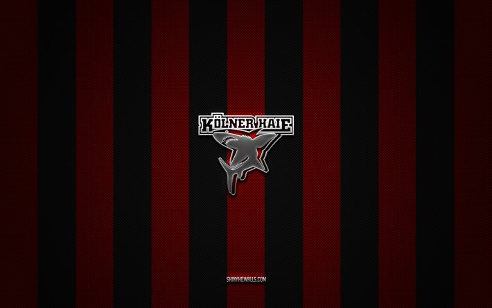 kölner haie-logo, deutsche hockeymannschaft, del, roter schwarzer kohlenstoffhintergrund, kölner haie-emblem, hockey, kölner haie-silbermetalllogo, kölner haie