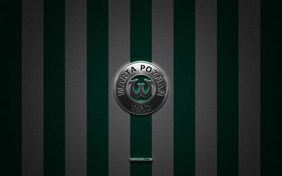 logotipo de warta poznan, club de fútbol polaco, ekstraklasa, fondo de carbono blanco verde, emblema de warta poznan, fútbol, warta poznan, polonia, logotipo de metal plateado de warta poznan