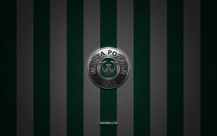 warta poznan logosu, polonya futbol kulübü, ekstraklasa, yeşil beyaz karbon arka plan, warta poznan amblemi, futbol, warta poznan, polonya, warta poznan gümüş metal logo
