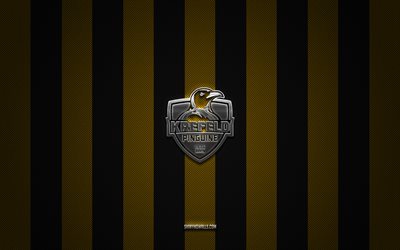 logo krefeld pinguine, squadra tedesca di hockey, del, sfondo giallo nero carbone, emblema krefeld pinguine, hockey, logo krefeld pinguine in metallo argentato, krefeld pinguine