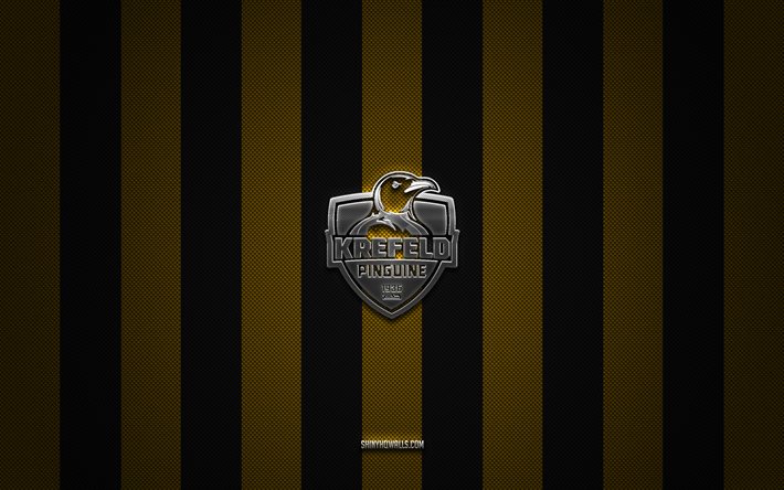 krefeld pinguine logo, deutsche eishockeymannschaft, del, gelber schwarzer karbonhintergrund, krefeld pinguine emblem, hockey, krefeld pinguine silbernes metalllogo, krefeld pinguine