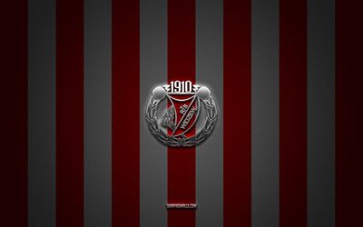 logotipo de widzew lodz, club de fútbol polaco, ekstraklasa, fondo de carbono rojo blanco, emblema de widzew lodz, fútbol, widzew lodz, polonia, logotipo de metal plateado de widzew lodz