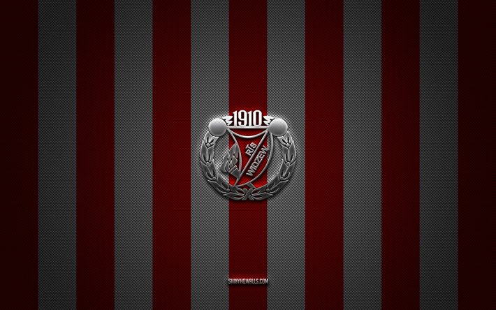 widzew lodz logo, polonya futbol kulübü, ekstraklasa, beyaz, kırmızı karbon arka plan, widzew lodz amblemi, futbol, widzew lodz, polonya, widzew lodz gümüş metal logo
