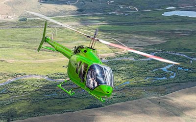 Bell 505, 4k, green helicopter, multipurpose helicopters, flying helicopters, civil aviation, aviation, Bell, pictures with helicopter
