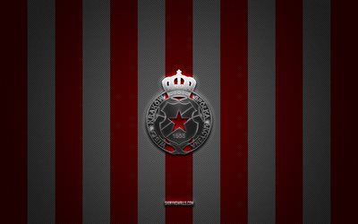 wisla krakow logosu, polonya futbol kulübü, ekstraklasa, beyaz, kırmızı karbon arka plan, wisla krakow amblemi, futbol, wisla krakow, polonya, wisla krakow gümüş metal logo