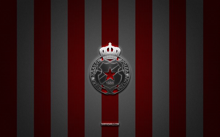 logotipo de wisla krakow, club de fútbol polaco, ekstraklasa, fondo de carbono rojo blanco, emblema de wisla krakow, fútbol, wisla krakow, polonia, logotipo de metal plateado de wisla krakow