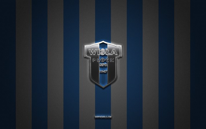 logotipo de wisla plock, club de fútbol polaco, ekstraklasa, fondo de carbono blanco azul, emblema de wisla plock, fútbol, wisla plock, polonia, logotipo de metal plateado de wisla plock