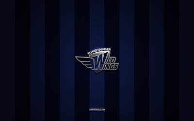 Schwenninger Wild Wings logo, german hockey team, DEL, blue black carbon background, Schwenninger Wild Wings emblem, hockey, Schwenninger Wild Wings silver metal logo, Schwenninger Wild Wings