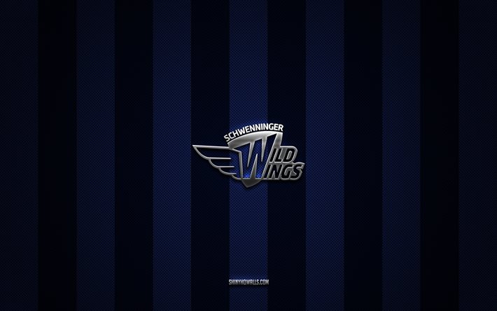 logo schwenninger wild wings, squadra tedesca di hockey, del, sfondo blu carbone nero, emblema schwenninger wild wings, hockey, logo in metallo argento schwenninger wild wings, schwenninger wild wings