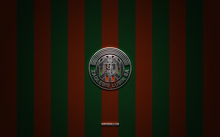 zaglebie lubin-logo, polnischer fußballverein, ekstraklasa, rotgrüner kohlenstoffhintergrund, zaglebie lubin-emblem, fußball, zaglebie lubin, polen, zaglebie lubin-silbermetalllogo