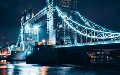 4k, Tower Bridge, nightscapes, blue illuminations, London landmarks, England, cityscapes, London, UK, United Kingdom, HDR, english cities, London cityscape