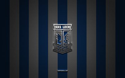 logotipo de lech poznan, club de fútbol polaco, ekstraklasa, fondo de carbono blanco azul, emblema de lech poznan, fútbol, lech poznan, polonia, logotipo de metal plateado de lech poznan