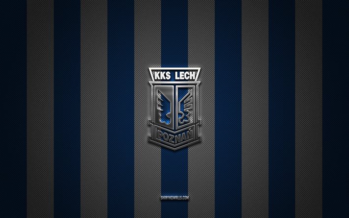 logotipo de lech poznan, club de fútbol polaco, ekstraklasa, fondo de carbono blanco azul, emblema de lech poznan, fútbol, lech poznan, polonia, logotipo de metal plateado de lech poznan