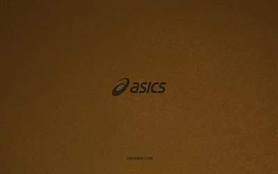 asics-logo, 4k, herstellerlogos, asics-emblem, braune steinstruktur, asics, beliebte marken, asics-zeichen, brauner steinhintergrund