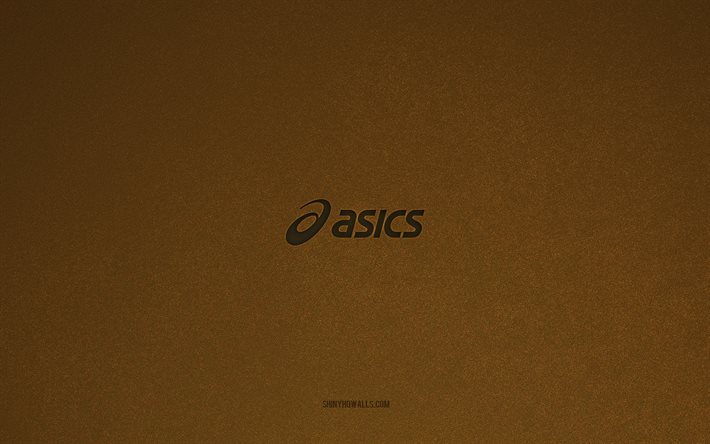 アシックスのロゴ, 4k, メーカーのロゴ, アシックスのエンブレム, 茶色の石のテクスチャ, アシックス, 人気ブランド, アシックスサイン, 茶色の石の背景