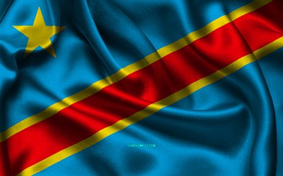 drapeau de la république démocratique du congo, 4k, les pays africains, les drapeaux de satin, le jour de la république démocratique du congo, les drapeaux de satin ondulés, les symboles nationaux de la rd congo, l afrique, la république démocratique du congo