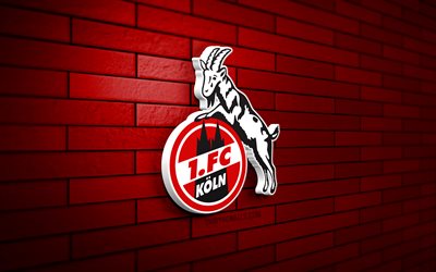 fc koln logotipo 3d, 4k, parede de tijolos vermelhos, bundesliga, futebol, clube de futebol alemão, fc koln logotipo, fc koln emblema, fc koln, logotipo esportivo, koln fc