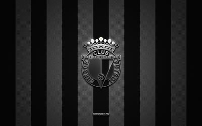 Real Burgos CF logo, Spanish football club, Segunda, La Liga 2, black white carbon background, Real Burgos CF emblem, football, Real Burgos CF, Spain, Real Burgos CF silver metal logo