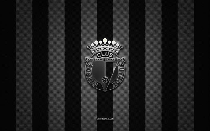 real burgos cf-logo, spanischer fußballverein, segunda, la liga 2, schwarz-weißer kohlenstoffhintergrund, real burgos cf-emblem, fußball, real burgos cf, spanien, real burgos cf-silbermetalllogo