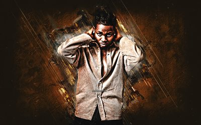 Omah Lay, Nigerian singer, portrait, brown stone background, Stanley Omah Didia, Afrobeats, Afro-fusion, creative art, Alpha P
