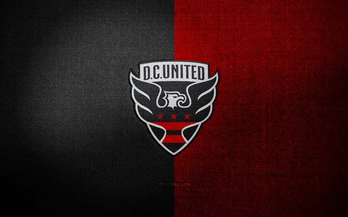 DC United badge, 4k, red black fabric background, MLS, DC United logo, DC United emblem, sports logo, DC United flag, american soccer team, DC United, soccer, football, DC United FC