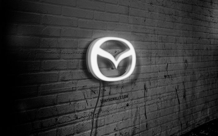 Mazda neon logo, 4k, black brickwall, grunge art, creative, cars brands, logo on wire, Mazda white logo, Mazda logo, artwork, Mazda