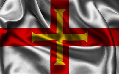 Guernsey flag, 4K, European countries, satin flags, Channel Islands, flag of Guernsey, Day of Guernsey, wavy satin flags, Guernsey national symbols, Europe, Guernsey