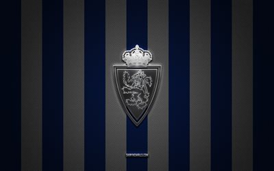 logo du real zaragoza, club de football espagnol, segunda, la liga 2, fond bleu carbone blanc, emblème du real zaragoza, football, real zaragoza, espagne, logo en métal argenté du real zaragoza