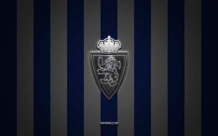 logo del real zaragoza, squadra di calcio spagnola, segunda, la liga 2, sfondo bianco blu carbone, emblema del real zaragoza, calcio, real zaragoza, spagna, logo in metallo argento del real zaragoza
