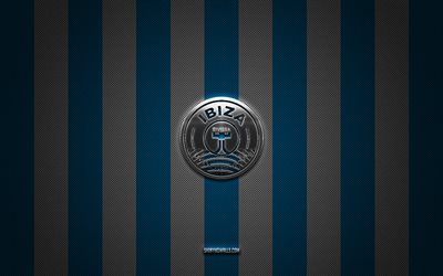 logotipo de ud ibiza, club de fútbol español, segunda, la liga 2, fondo de carbono blanco azul, emblema de ud ibiza, fútbol, ud ibiza, españa, logotipo de metal plateado de ud ibiza