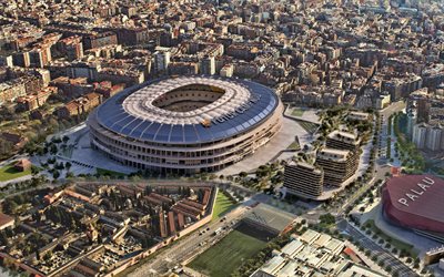 4k, Camp Nou, aerial view, Barcelona, new Camp Nou, Camp Nou project, new Camp Nou stadium design, FC Barcelona stadium, Catalonia, Spain, football, Camp Nou reconstruction