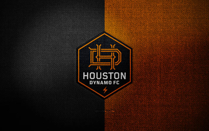 Houston Dynamo badge, 4k, black orange fabric background, MLS, Houston Dynamo logo, Houston Dynamo emblem, sports logo, Houston Dynamo flag, american soccer team, Houston Dynamo, soccer, football, Houston Dynamo FC