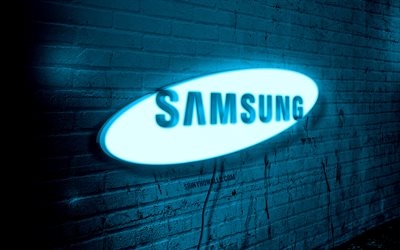 Samsung neon logo, 4k, blue brickwall, grunge art, creative, logo on wire, Samsung blue logo, Samsung logo, artwork, Samsung
