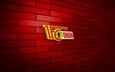 o fc union berlin logotipo 3d, 4k, parede de tijolos vermelhos, bundesliga, futebol, clube de futebol alemão, fc union berlin logotipo, fc union berlin emblema, fc union berlin, logotipo esportivo, union berlin fc