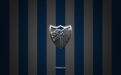 logotipo del málaga cf, club de fútbol español, segunda, la liga 2, fondo de carbono blanco azul, emblema del málaga cf, fútbol, málaga cf, españa, logotipo de metal plateado del málaga cf