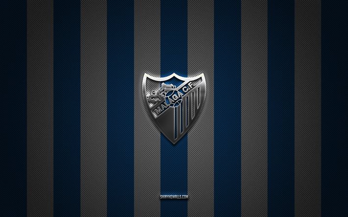 logotipo del málaga cf, club de fútbol español, segunda, la liga 2, fondo de carbono blanco azul, emblema del málaga cf, fútbol, málaga cf, españa, logotipo de metal plateado del málaga cf