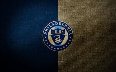 Philadelphia Union badge, 4k, blue brown fabric background, MLS, Philadelphia Union logo, Philadelphia Union emblem, sports logo, Philadelphia Union flag, Philadelphia Union, soccer, Philadelphia Union FC