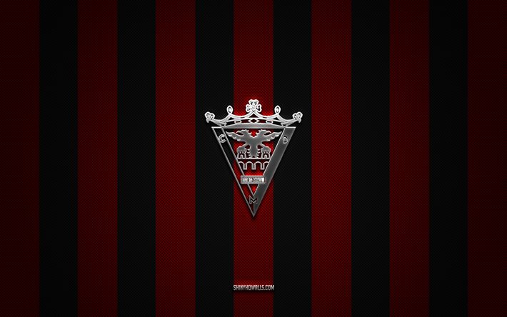 cd mirandes-logo, spanischer fußballverein, segunda, la liga 2, roter schwarzer kohlenstoffhintergrund, cd mirandes-emblem, fußball, cd mirandes, spanien, cd mirandes-silbermetalllogo